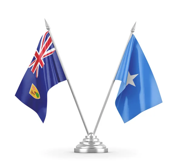 索马里和特克斯和凯科斯群岛的桌旗在白色3D渲染中被隔离 — 图库照片