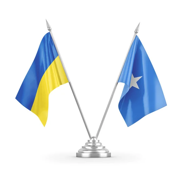 Σομαλίας και της Ουκρανίας επιτραπέζια σημαίες απομονώνονται σε λευκό 3D απόδοση — Φωτογραφία Αρχείου