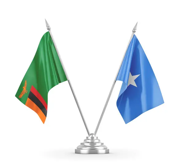 Banderas de mesa Somalia y Zambia aisladas en renderizado 3D blanco — Foto de Stock