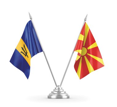 Kuzey Makedonya ve Barbados masa bayrakları beyaz 3D görüntülere izole edildi