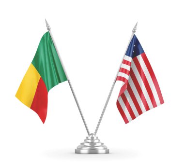 Liberya ve Benin masa bayrakları beyaz 3D görüntüleme üzerinde izole edildi 