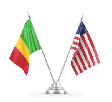 Liberya ve Mali masa bayrakları beyaz 3D görüntüleme üzerinde izole edildi