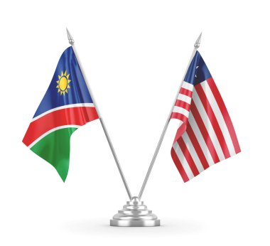 Liberya ve Namibya masa bayrakları beyaz 3D görüntüleme üzerinde izole edildi