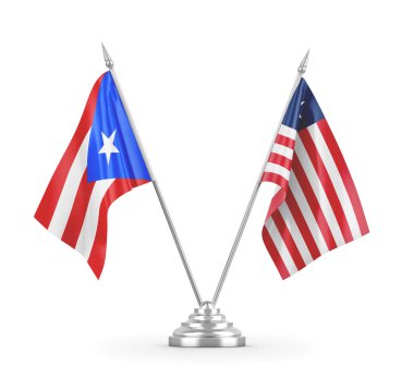 Liberya ve Porto Riko masa bayrakları beyaz 3D görüntüleme üzerinde izole edildi