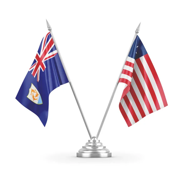 Bandeiras de mesa da Libéria e Anguilla isoladas em renderização 3D branca — Fotografia de Stock