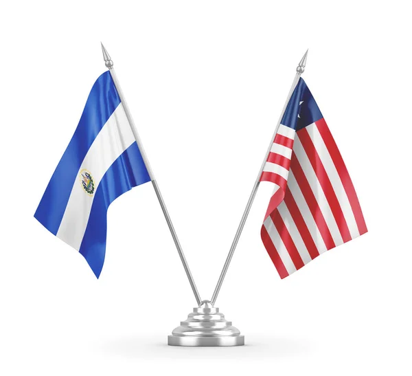Bandeiras de mesa da Libéria e El Salvador isoladas em renderização 3D branca — Fotografia de Stock
