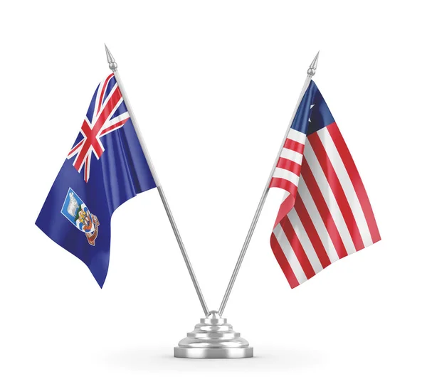 Bandeiras de mesa da Libéria e Ilhas Falkland isoladas em renderização 3D branca — Fotografia de Stock