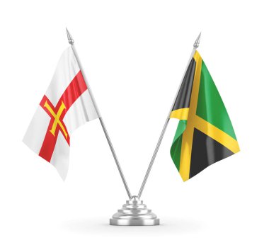 Jamaika ve Guernsey masa bayrakları beyaz 3D görüntüleme üzerinde izole edildi