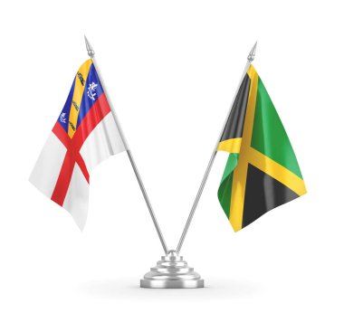 Jamaika ve Herm masa bayrakları beyaz 3D görüntüleme üzerinde izole edildi