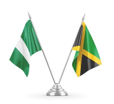 Jamaika ve Nijerya masa bayrakları beyaz 3D görüntüleme üzerinde izole edildi
