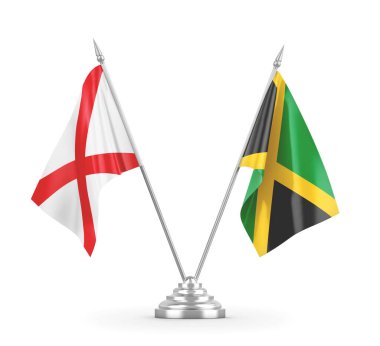 Jamaika ve Kuzey İrlanda masa bayrakları beyaz 3D görüntüleme üzerinde izole edildi