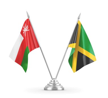 Jamaika ve Umman masa bayrakları beyaz 3D görüntüleme üzerinde izole edildi