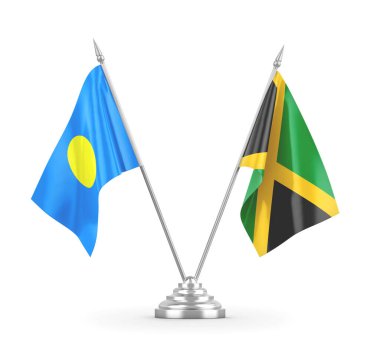 Jamaika ve Palau masa bayrakları beyaz 3D görüntüleme üzerinde izole edildi