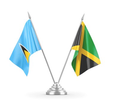Jamaika ve Saint Lucia masa bayrakları beyaz 3D görüntüleme üzerinde izole edildi