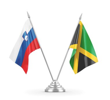 Jamaika ve Slovenya masa bayrakları beyaz 3D görüntüleme üzerinde izole edildi