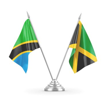 Jamaika ve Tanzanya masa bayrakları beyaz 3D görüntüleme üzerinde izole edildi