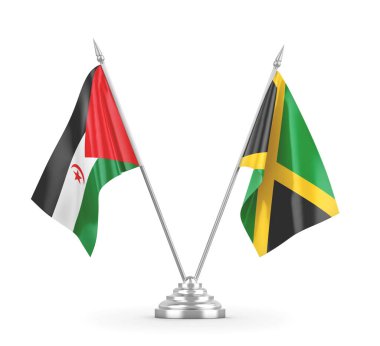 Jamaika ve Batı Sahra masa bayrakları beyaz 3D görüntüleme üzerinde izole edildi