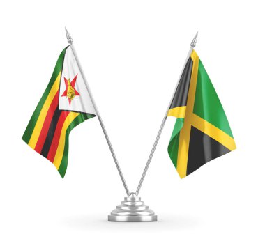Jamaika ve Zimbabwe masa bayrakları beyaz 3D görüntüleme üzerinde izole