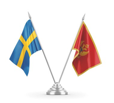 Karadağ ve İsveç bayrakları beyaz 3D rendelemede izole edildi