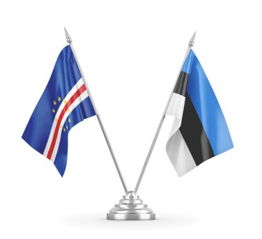 Estonya ve Cabo Burnu masa bayrakları beyaz 3D görüntüleme üzerinde izole edildi 