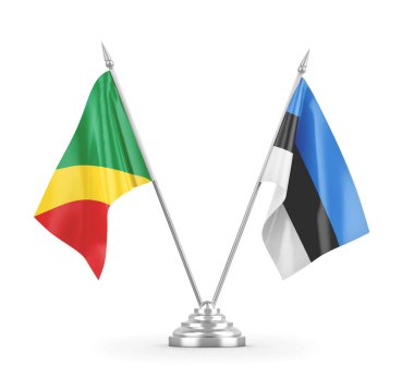 Estonya ve Kongo masa bayrakları beyaz 3D görüntüleme üzerinde izole edildi 