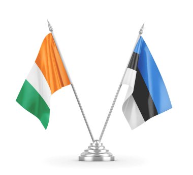 Estonya ve Cote dIvoire Fildişi sahil masa bayrakları beyaz 3D görüntüleme üzerinde izole edildi 
