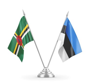 Estonya ve Dominika masa bayrakları beyaz 3D görüntüleme üzerinde izole edildi