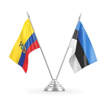 Estonya ve Ekvador masa bayrakları beyaz 3B görüntüleme üzerinde izole edildi