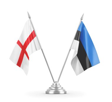 Estonya ve İngiltere masa bayrakları beyaz 3D görüntüleme üzerinde izole edildi