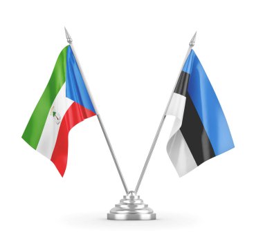 Estonya ve Ekvator Gine masa bayrakları beyaz 3D görüntüleme üzerinde izole edildi