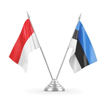 Estonya ve Endonezya masa bayrakları beyaz 3D görüntüleme üzerinde izole edildi