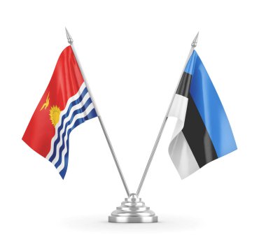 Estonya ve Kiribati masa bayrakları beyaz 3D görüntüleme üzerinde izole edildi