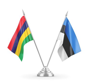 Estonya ve Mauritius masa bayrakları beyaz 3D görüntüleme üzerinde izole edildi