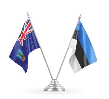 Estonya ve Montserrat masa bayrakları beyaz 3D görüntüleme üzerinde izole edildi