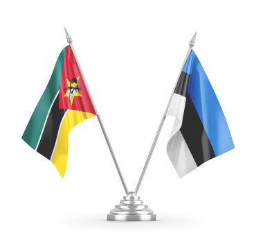 Estonya ve Mozambik masa bayrakları beyaz 3D görüntüleme üzerinde izole edildi