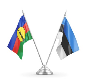 Estonya ve Yeni Kaledonya masa bayrakları beyaz 3D görüntüleme üzerinde izole edildi