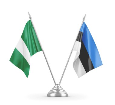 Estonya ve Nijerya masa bayrakları beyaz 3D görüntüleme üzerinde izole edildi