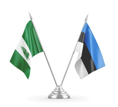 Estonya ve Norfolk Adaları masa bayrakları beyaz 3D görüntüleme üzerinde izole edildi