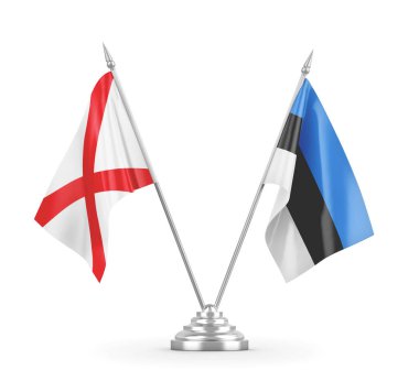 Estonya ve Kuzey İrlanda masa bayrakları beyaz 3D görüntüleme üzerinde izole edildi