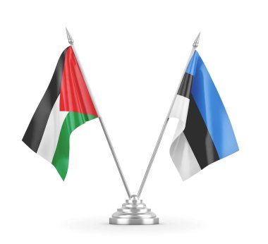 Estonya ve Filistin masa bayrakları beyaz 3D görüntüleme üzerinde izole edildi