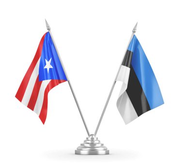 Estonya ve Porto Riko masa bayrakları beyaz 3D görüntüleme üzerinde izole edildi