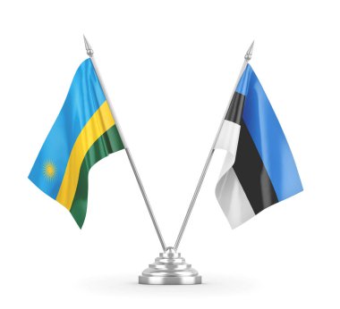 Estonya ve Ruanda masa bayrakları beyaz 3D görüntüleme üzerinde izole edildi