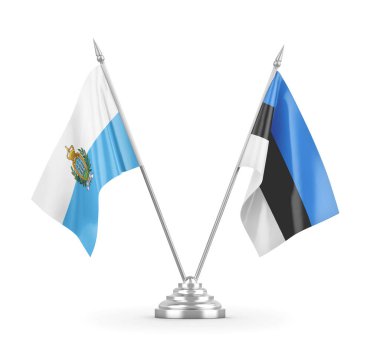 Estonya ve San Marino masa bayrakları beyaz 3D görüntüleme üzerinde izole edildi