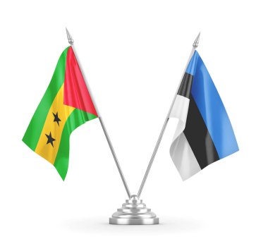 Estonya ve Sao Tome ve Principe masa bayrakları beyaz 3D görüntüleme üzerinde izole edildi
