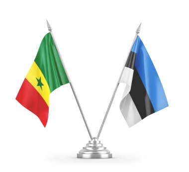 Estonya ve Senegal masa bayrakları beyaz 3D görüntüleme üzerinde izole edildi