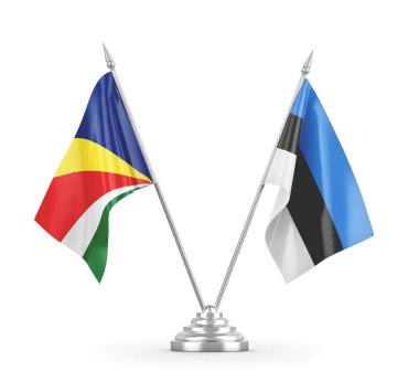 Estonya ve Seyşeller masa bayrakları beyaz 3D görüntüleme üzerinde izole edildi