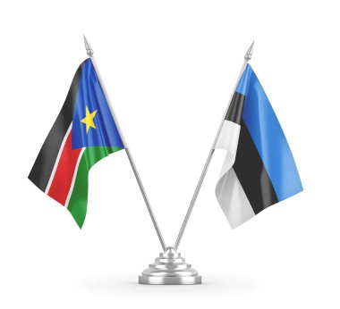 Estonya ve Güney Sudan masa bayrakları beyaz 3D görüntüleme üzerinde izole edildi