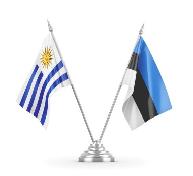 Estonya ve Uruguay masa bayrakları beyaz 3D görüntüleme üzerinde izole edildi