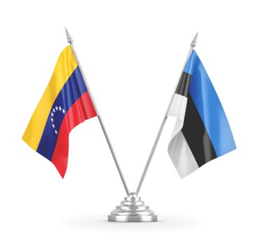 Estonya ve Venezuela masa bayrakları beyaz 3D görüntüleme üzerinde izole edildi