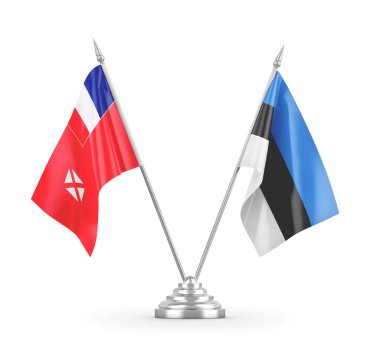 Estonya, Wallis ve Futuna masa bayrakları beyaz 3D görüntüleme üzerinde izole edildi